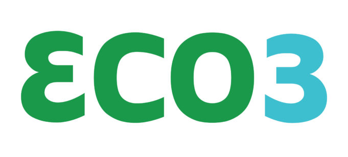 ECO3-yritysalueen logo, jossa tummanvihreällä tekstillä kirjaimet ECO ja kolmosnumero turkoosilla värillä.