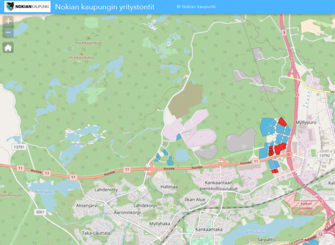 Karttakuva yritystonteista. Vapaat tontit on merkitty sinisellä ja varatut tontit punaisella värillä.