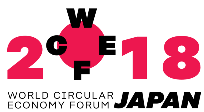 World Circular Economy 2018 -tapahtuman logo, joka mukailee Japanin punavalkoista lippua.