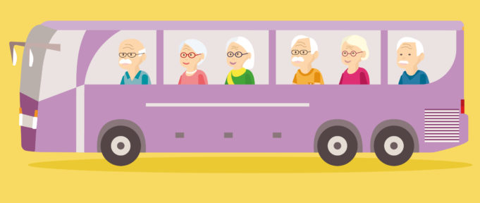 Piirretty kuva bussista, jossa on matkustajina vanhempia, valkotukkaisia ihmisiä.