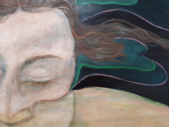 Emmu Johanssonin maalauksessa on puoliksi veden alla olevat kasvot.