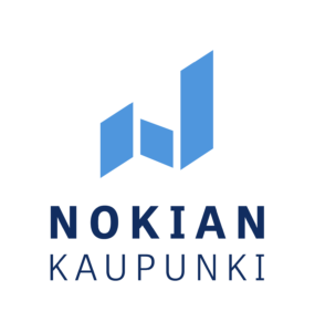 Nokian kaupungin tunnuksessa yhdistyvät logo ja Nokian kaupunki -teksti.