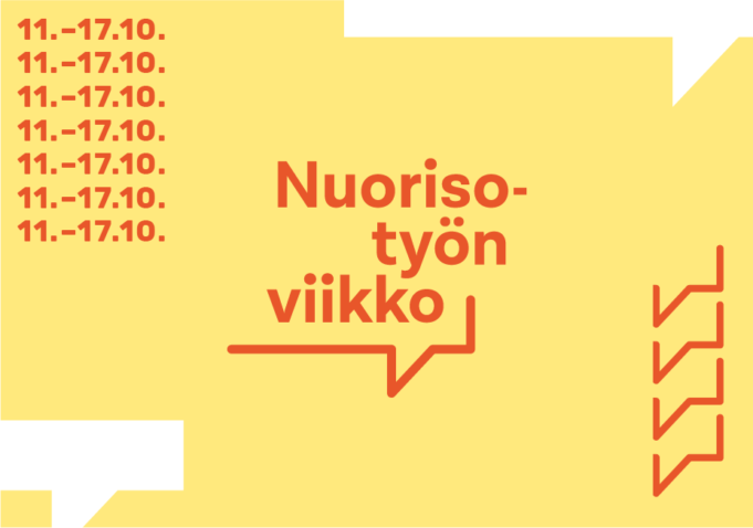 Keltaisella pohjalla oranssi teksti jossa kerrotaan nuorisotyönviikon päivämäärät 11.-17.10.2021
