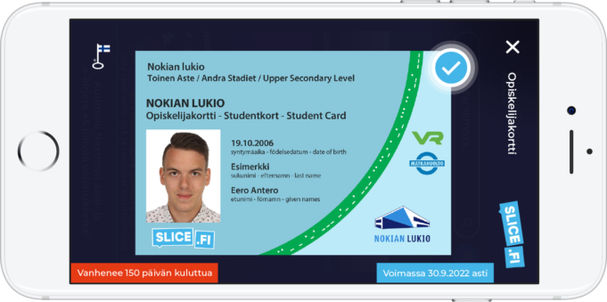 Nokian lukion opiskelijakortti (sininen) puhelimen näytöllä