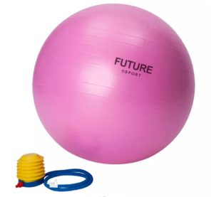 Vaaleanpunainen, iso jumppapallo ja pumppu