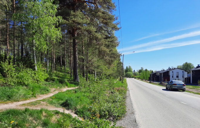 Pirkkalaistietä pitkin ajaa auto ja ajoradan vierellä ei ole jalkakäytävää, vaan polku ojanpientareella.