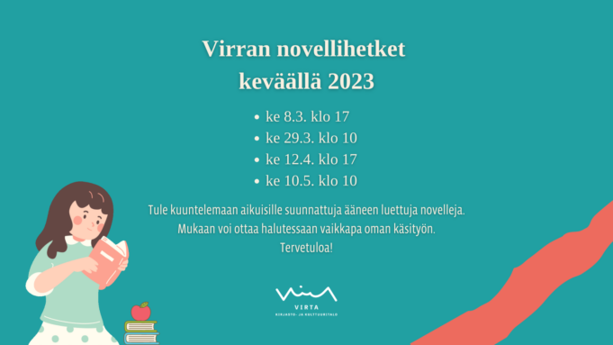 Kuvassa lukeva tyttö ja novellihetkien päivämäärät