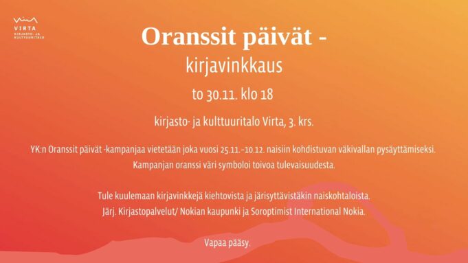 Kuvassa oranssilla taustalla kerrotaan YK:n Oranssit päivät -kampanjaan liittyvästä kirjavinkkaus-tilaisuudesta