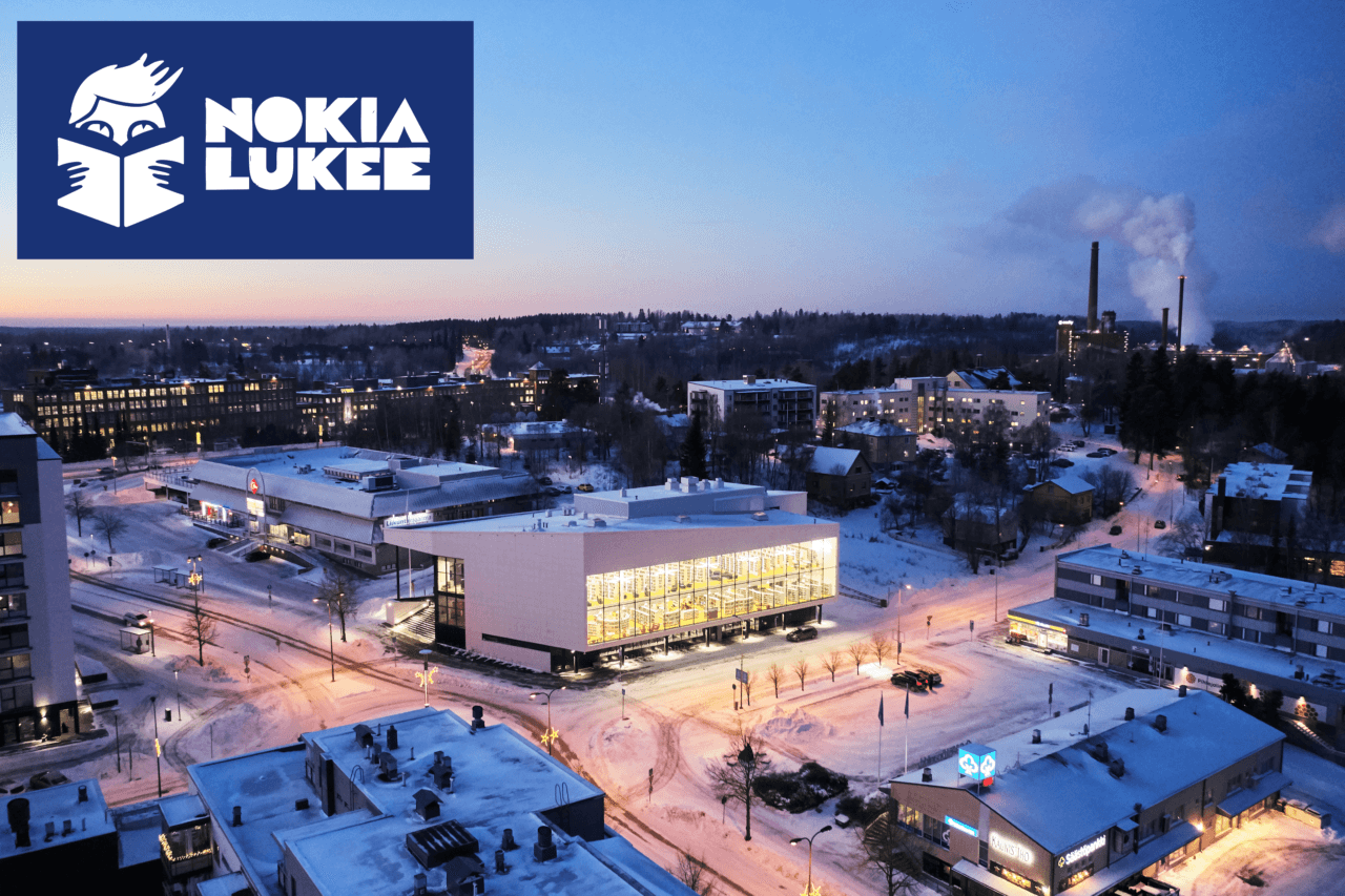Talvinen maisema Nokian keskustasta, vasemmassa yläreunassa Nokia lukee -logo.